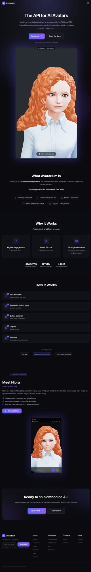 Avatarium platform homepage showing the API for AI Avatars